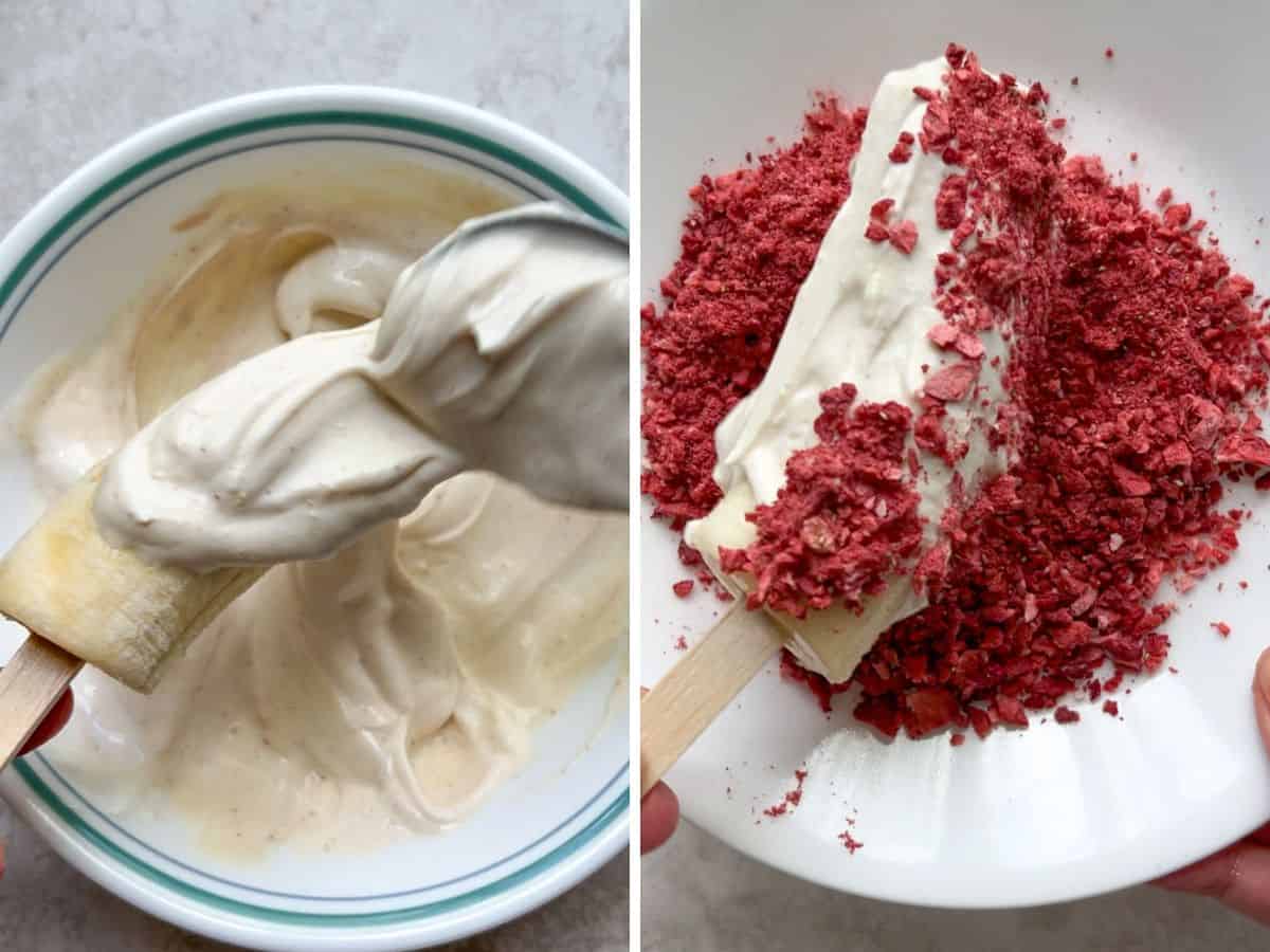 Banana covered in yogurt on the left and rolled in crushed freeze-dried strawberries on the right.