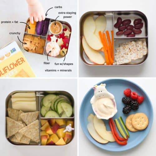 A four image collage of toddler snack ideas with crackers.