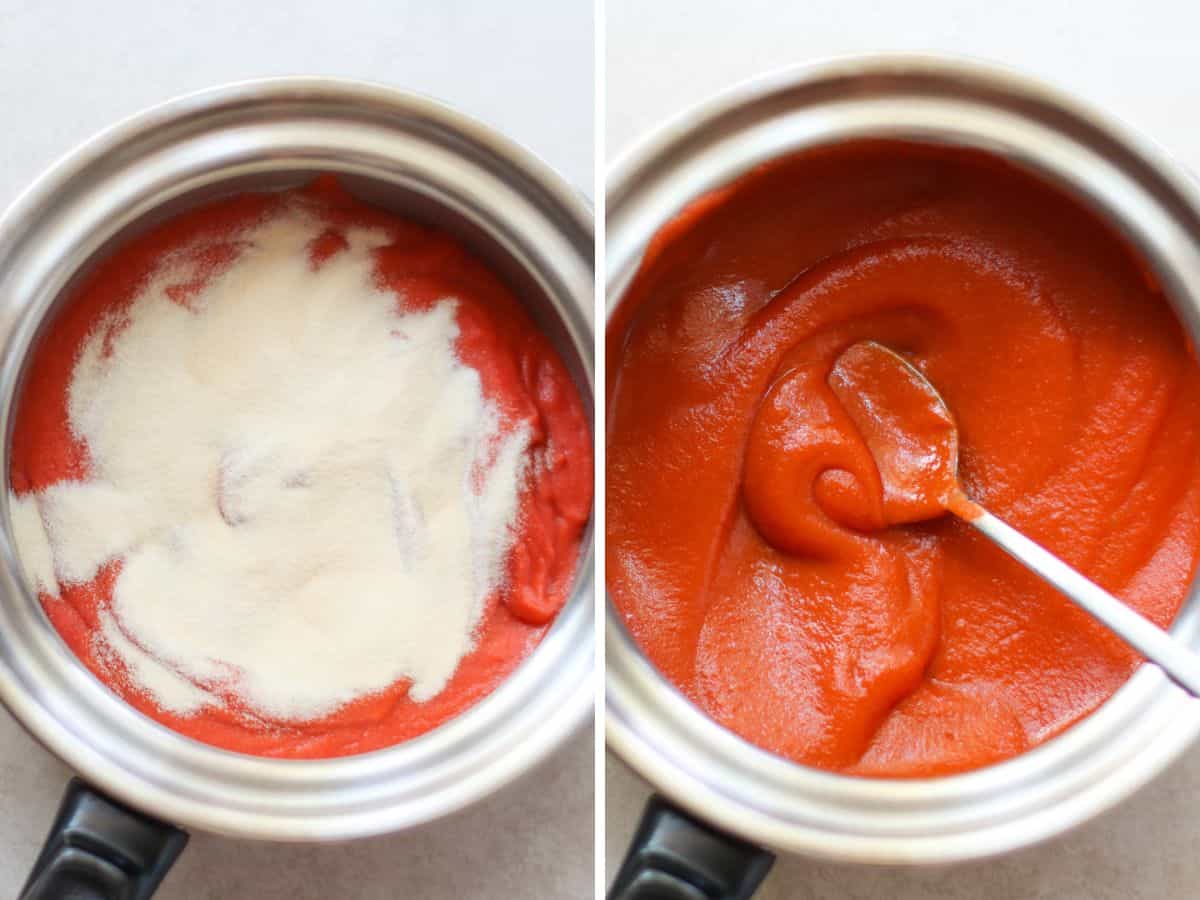 A two image collage of collagen in strawberry mixture on left and combined on the right.