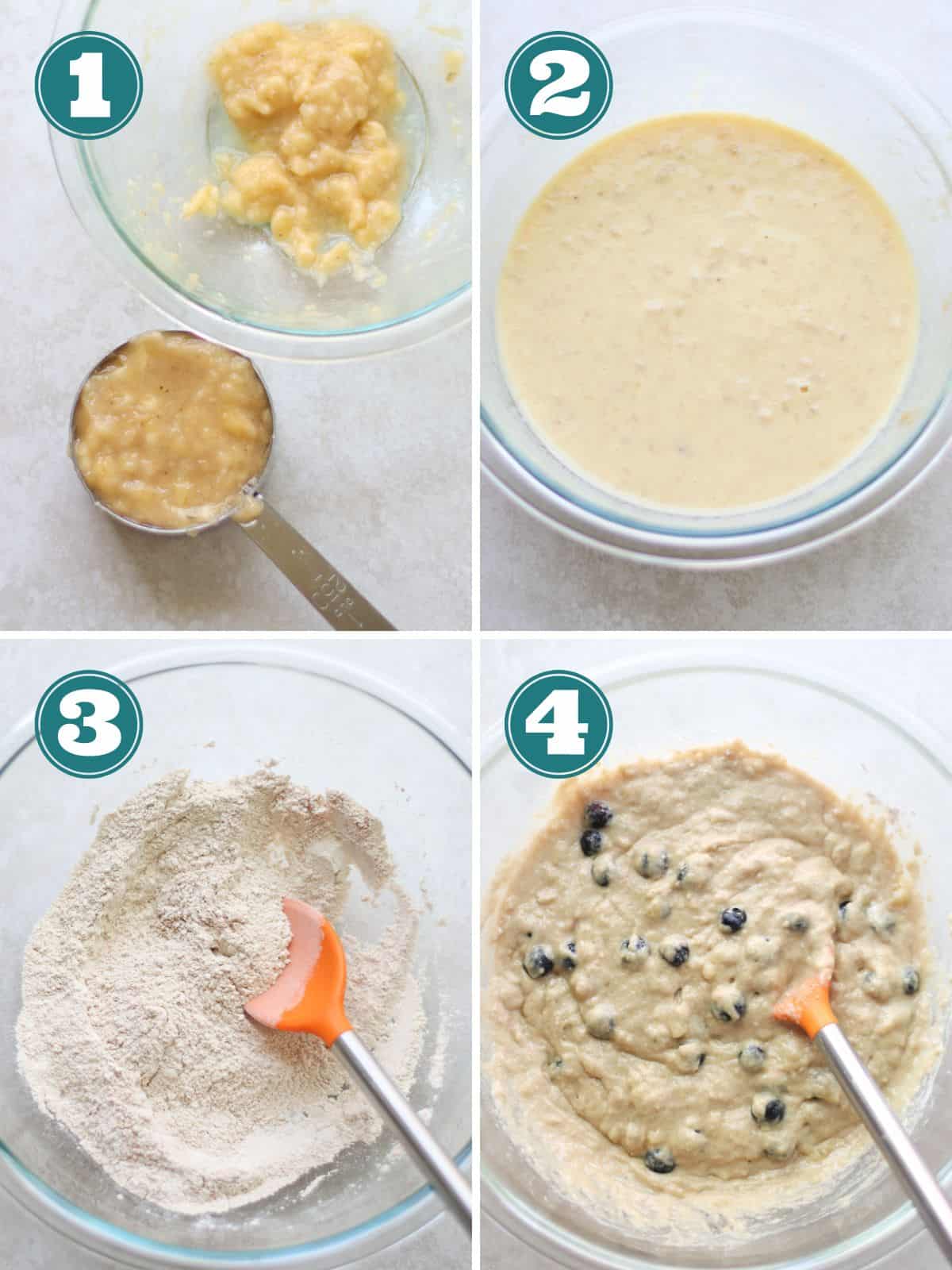 A four image collage of how to make the cake batter.