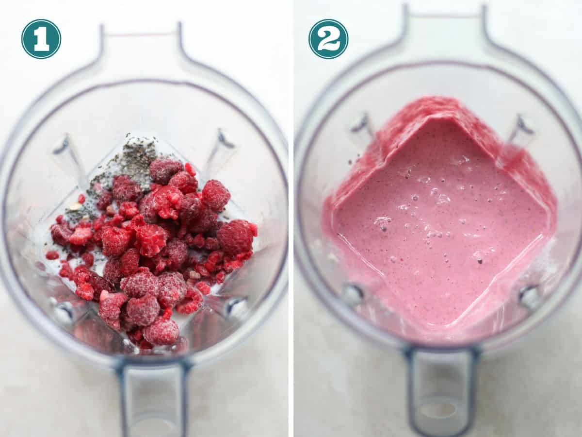A two image collage of all the ingredients before and after blended.