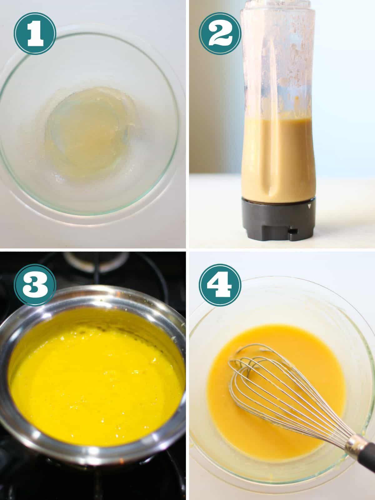 A four image collage of how to make mango pudding.