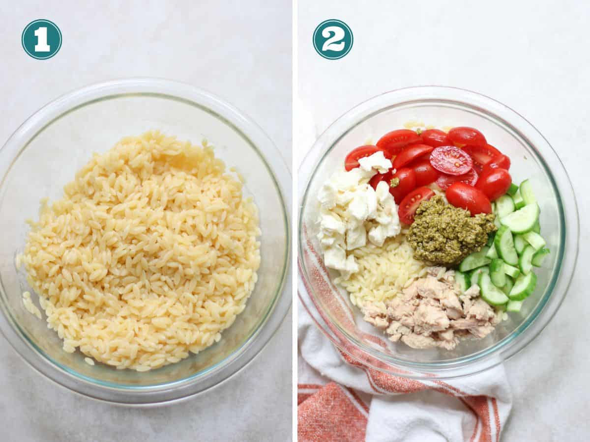 Cooked orzo in a glass bowl on the left and all the ingredients added on the right.