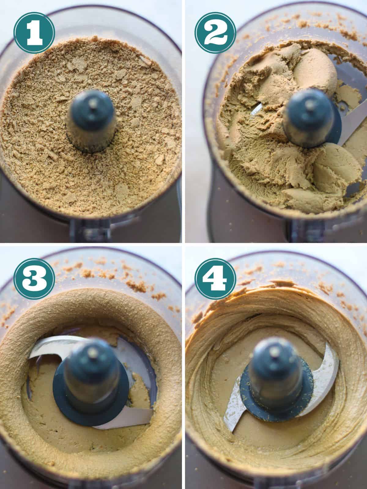 A four image collage of how to make sunflower seed butter.