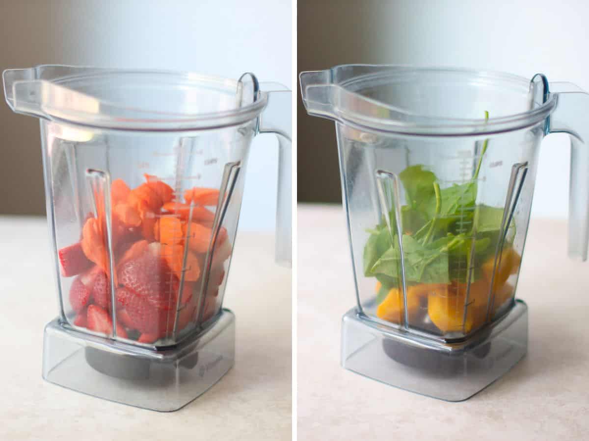 A two image collage of strawberries and carrots in blender on the left and mango and spinach on the right.