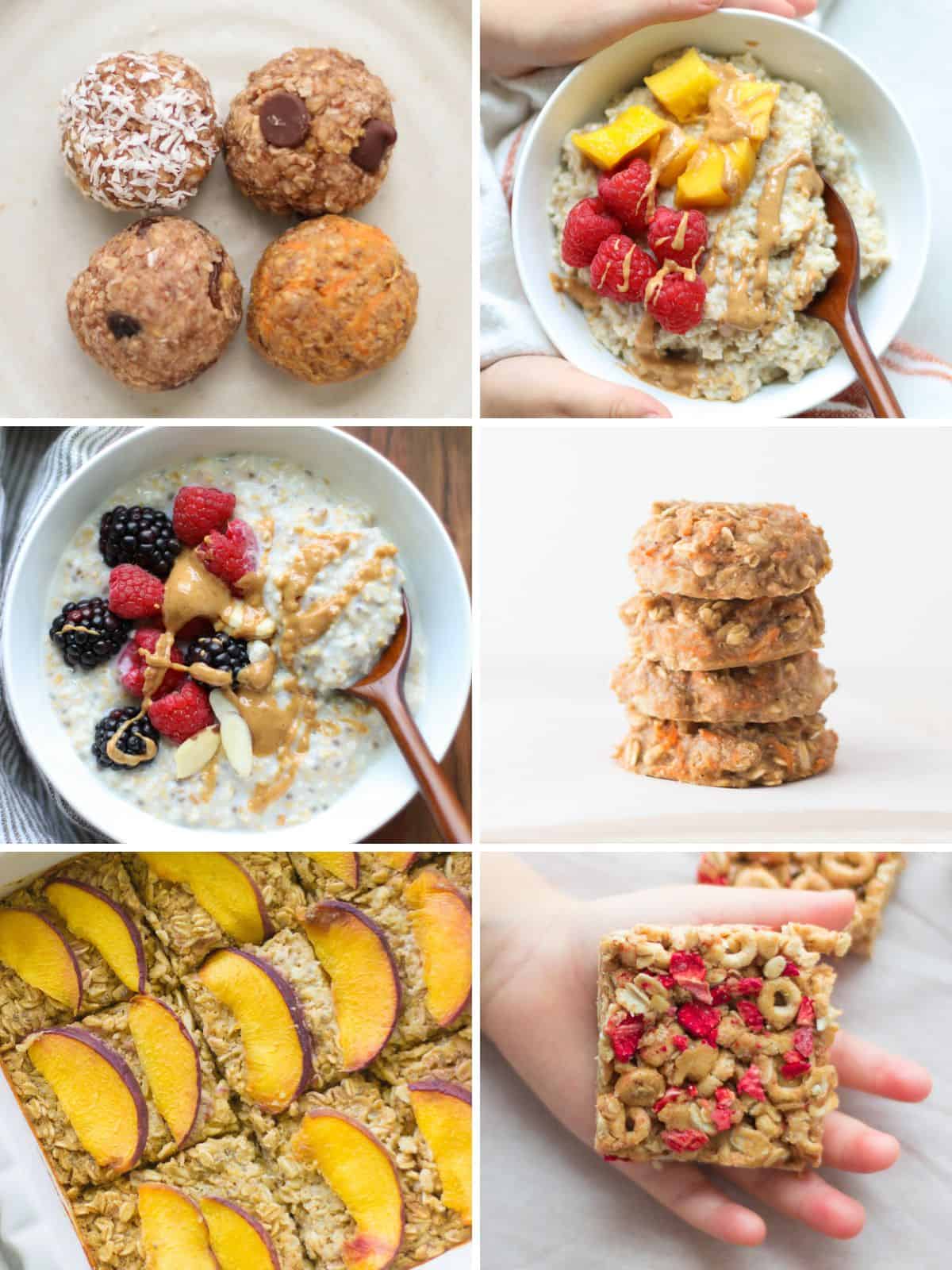 A six image collage of oatmeal recipes for babies and kids.