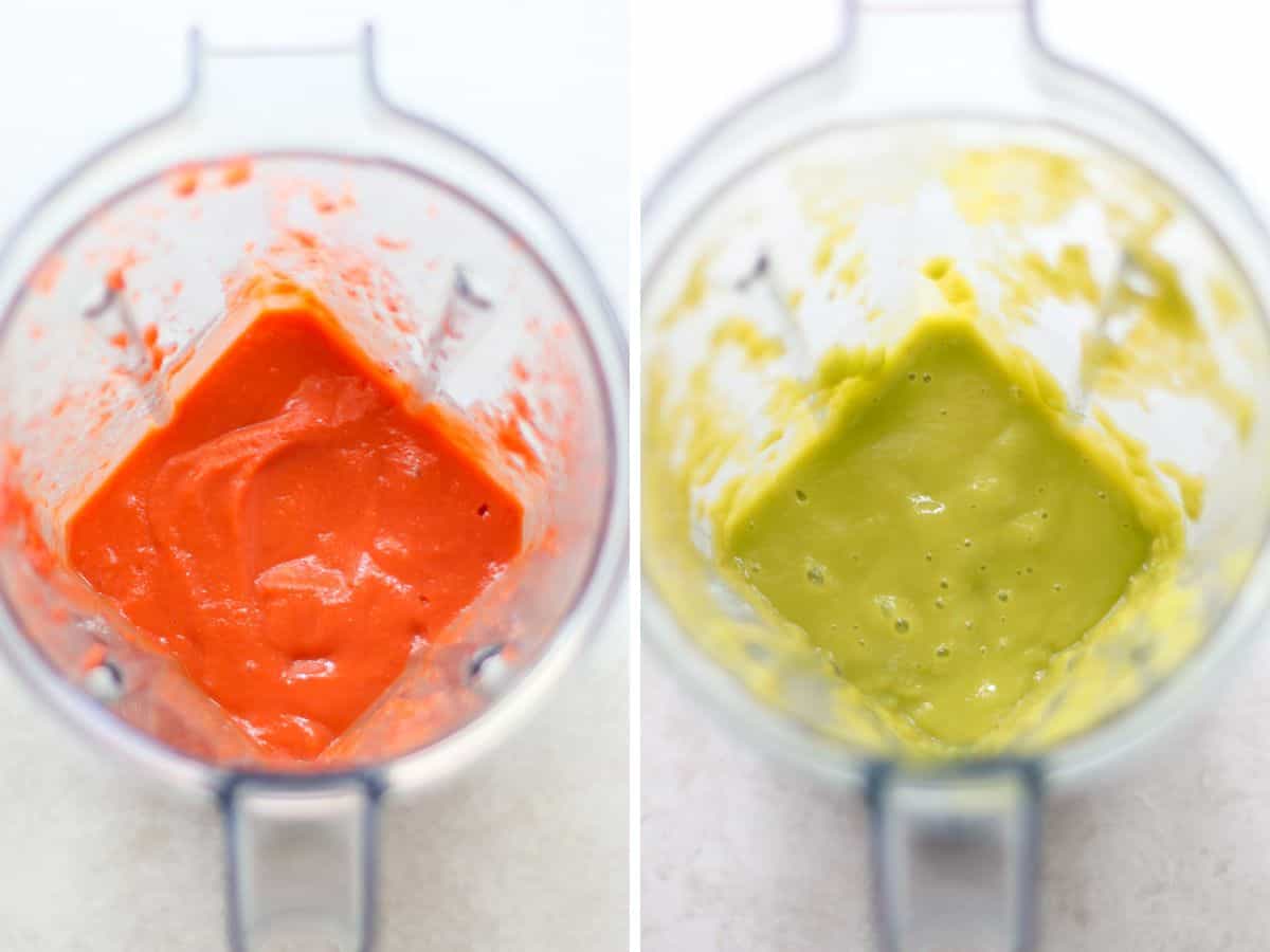 A two image collage of blended strawberry mixture on the left and spinach mango mixture on the right.