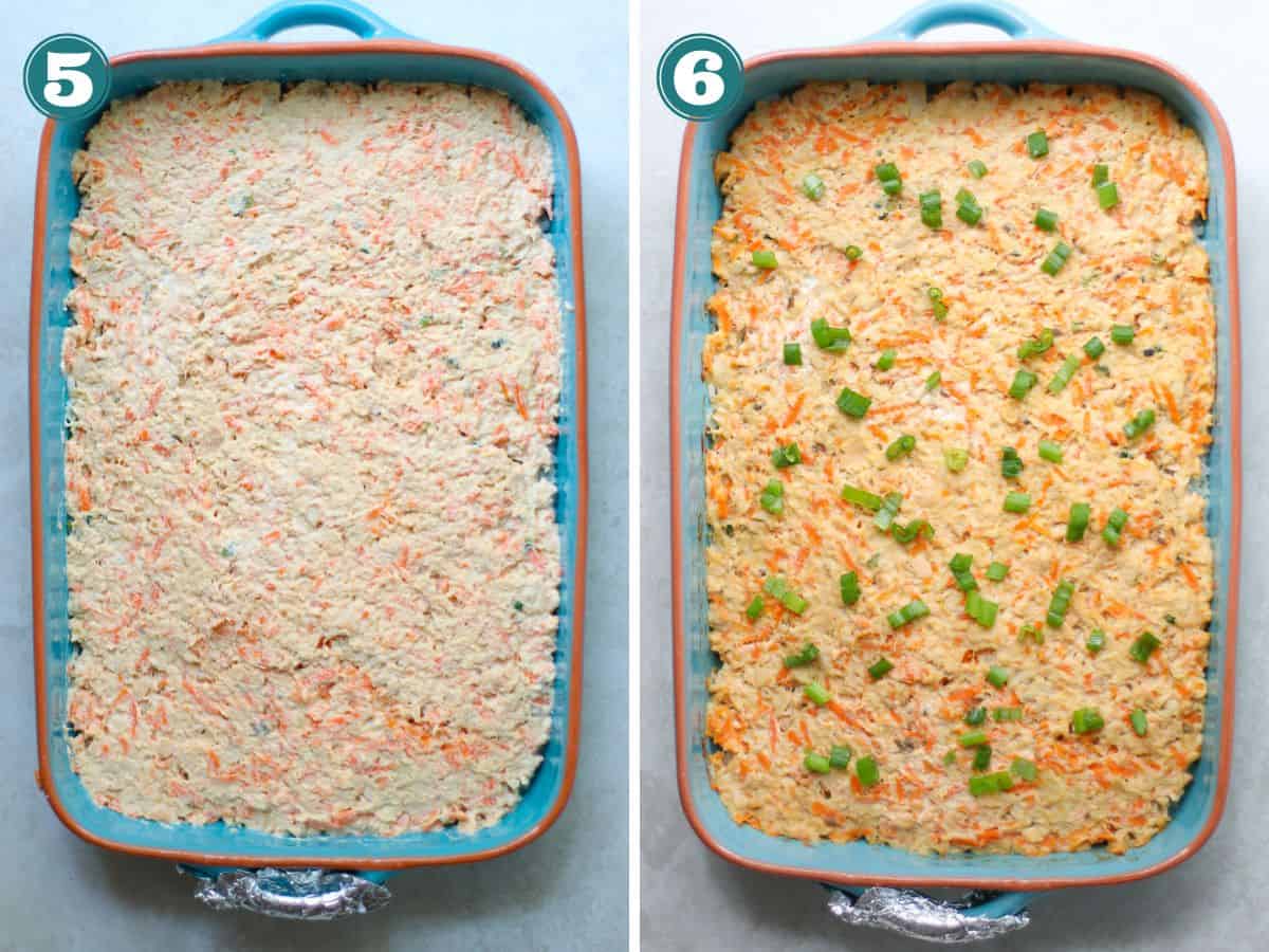 A two image collage showing before and after the dish is baked.