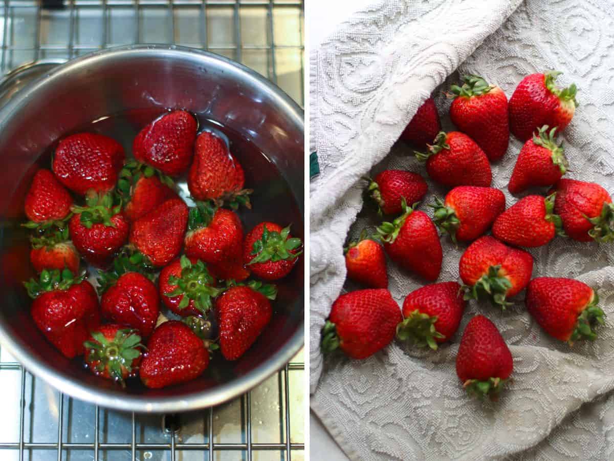 Strawberries soaking on the left and laid out on kitchen towel on the right.