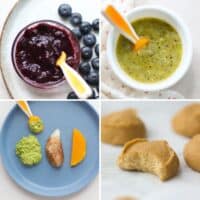 A four image collage of foods for baby constipation.