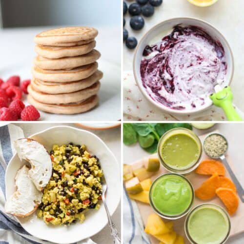 A four image collage with eggless pancakes, yogurt, tofu scramble, and smoothies.