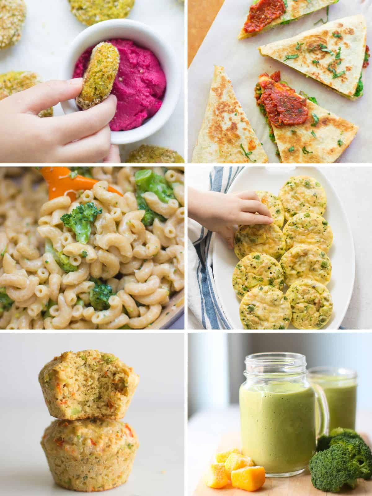 A six image collage of kid friendly broccoli recipes.