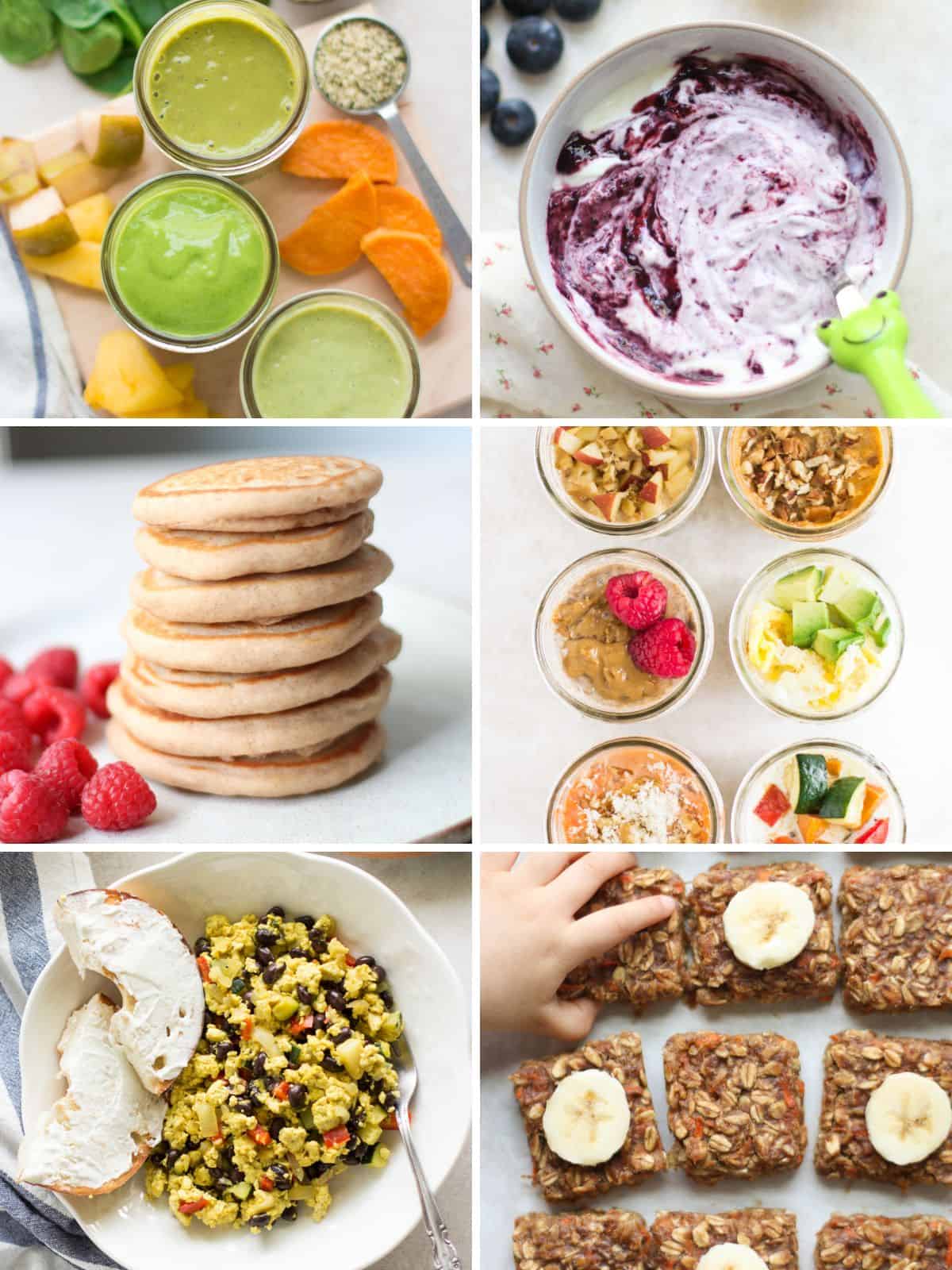 A six image collage of different breakfast ideas without eggs.