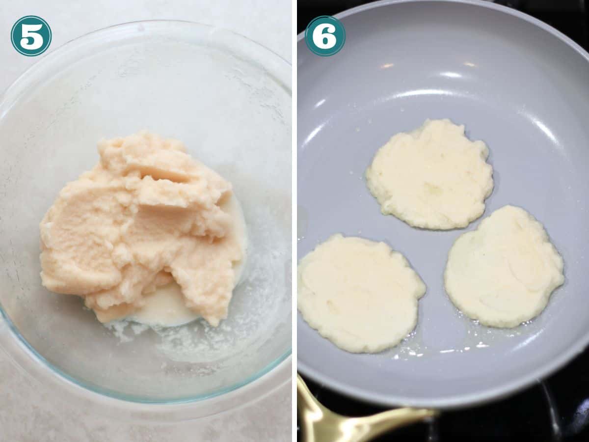 A two image collage of potato batter on the left and 3 mini pancakes cooking on the right.