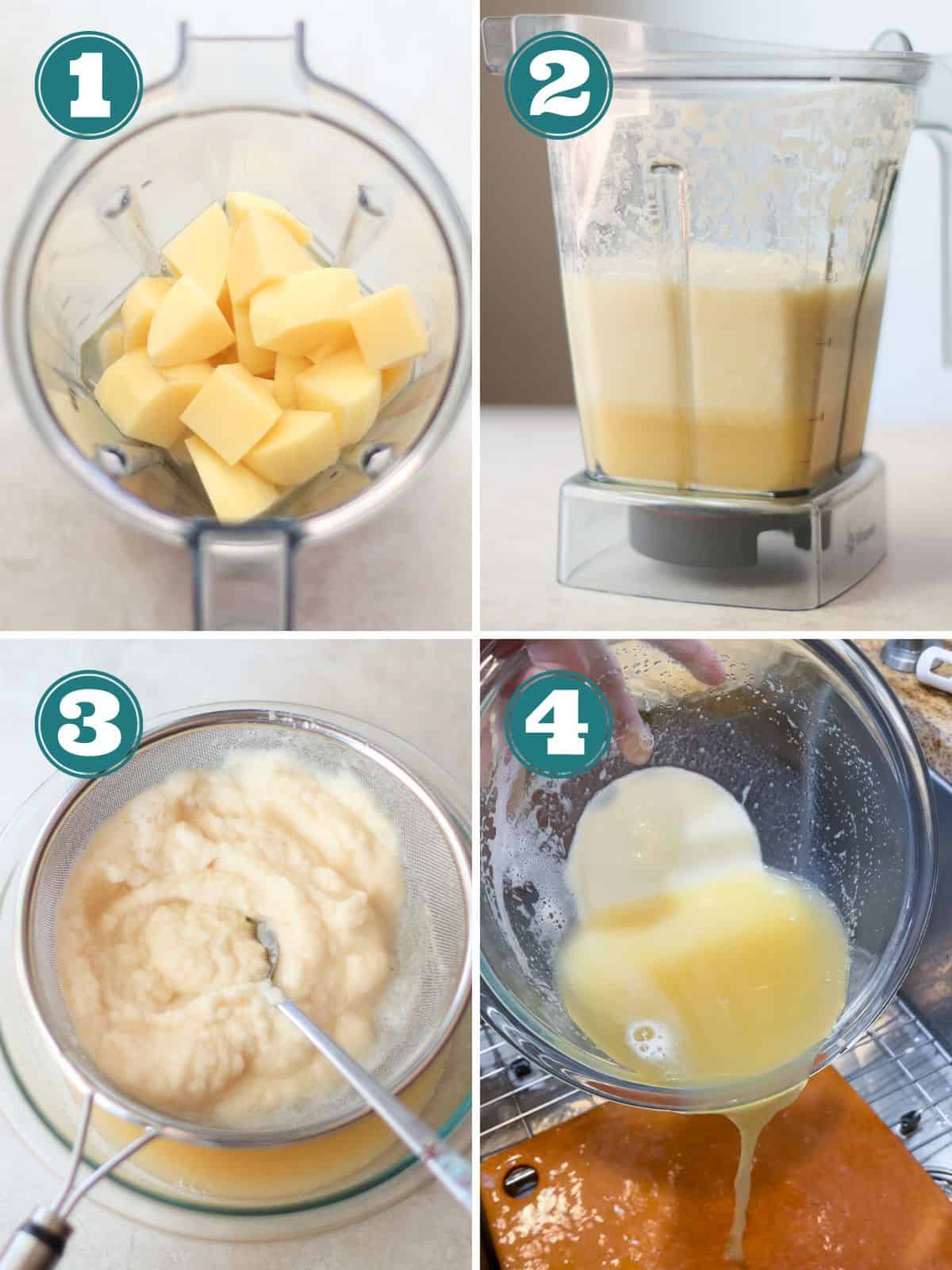 A four image collage showing how to prepare the pancake batter.