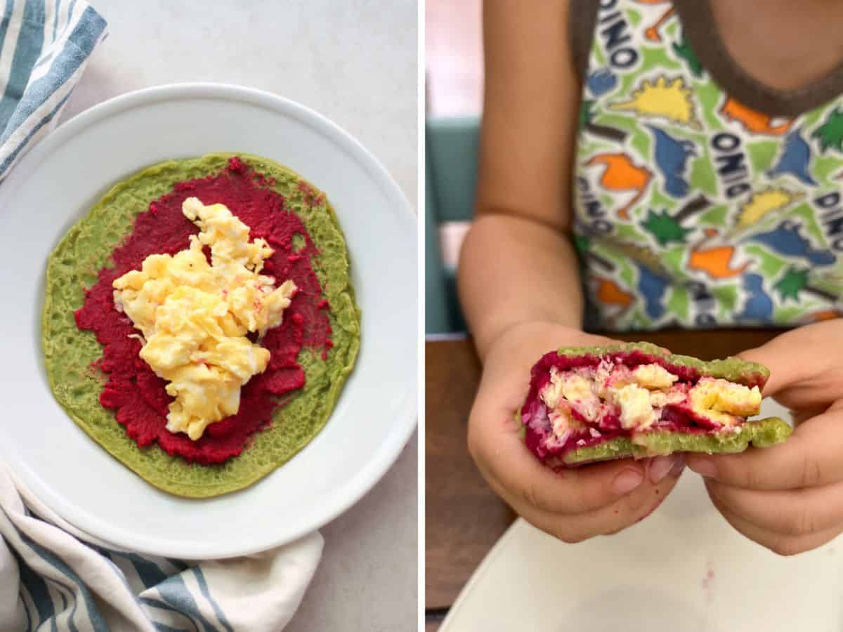 Beet hummus spread onto lentil wrap with scrambled eggs.