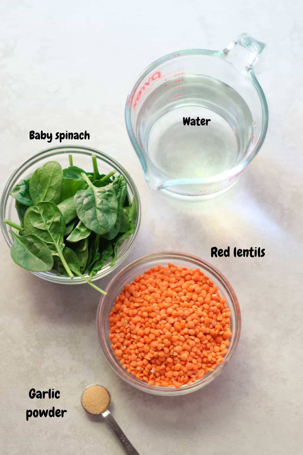 lentils, water, spinach, and garlic powder.