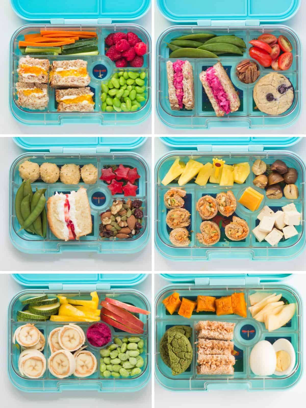 Six collage with sandwich centered lunchboxes.