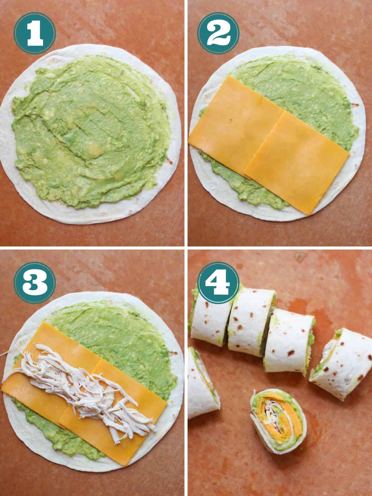 A four image collage of how to make avocado cheese chicken pinwheels.