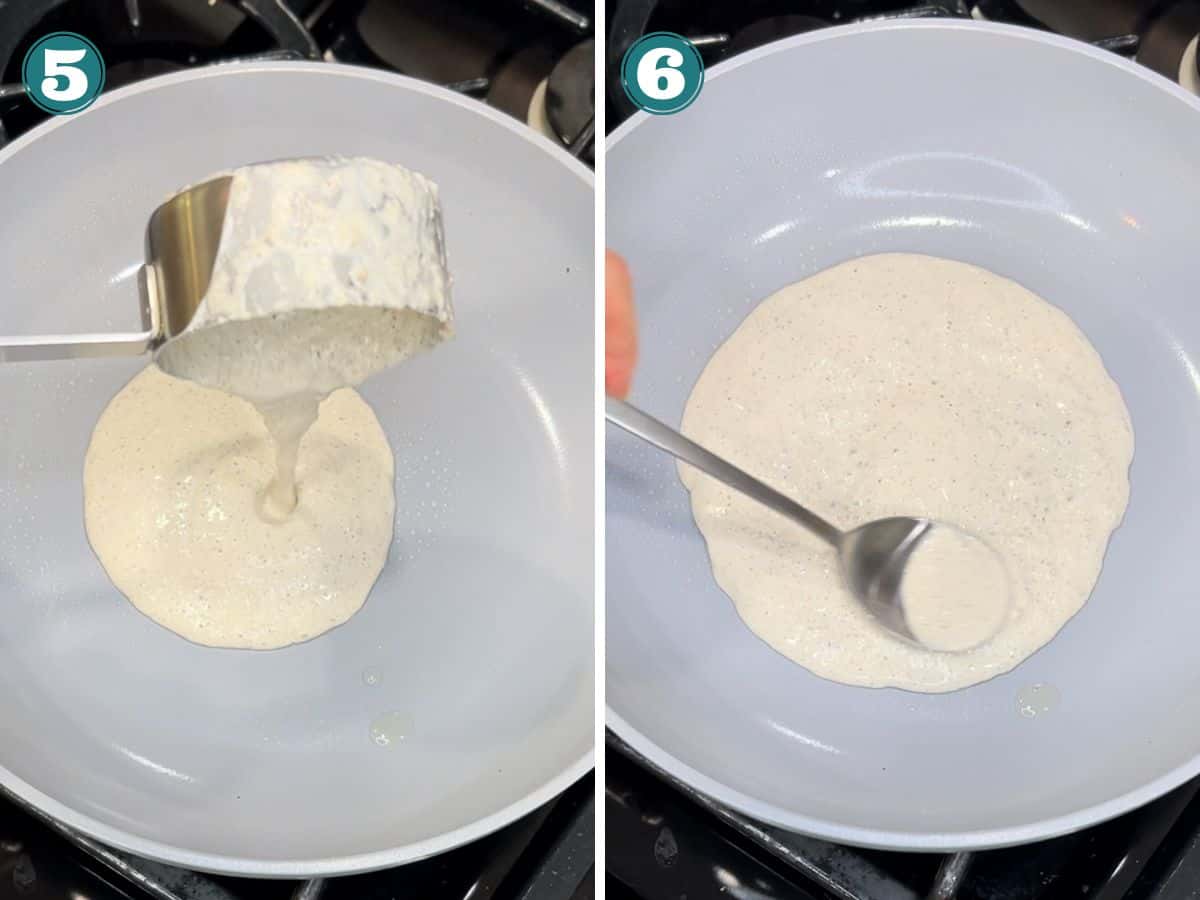 A two image collage of how to pour and spread the batter.