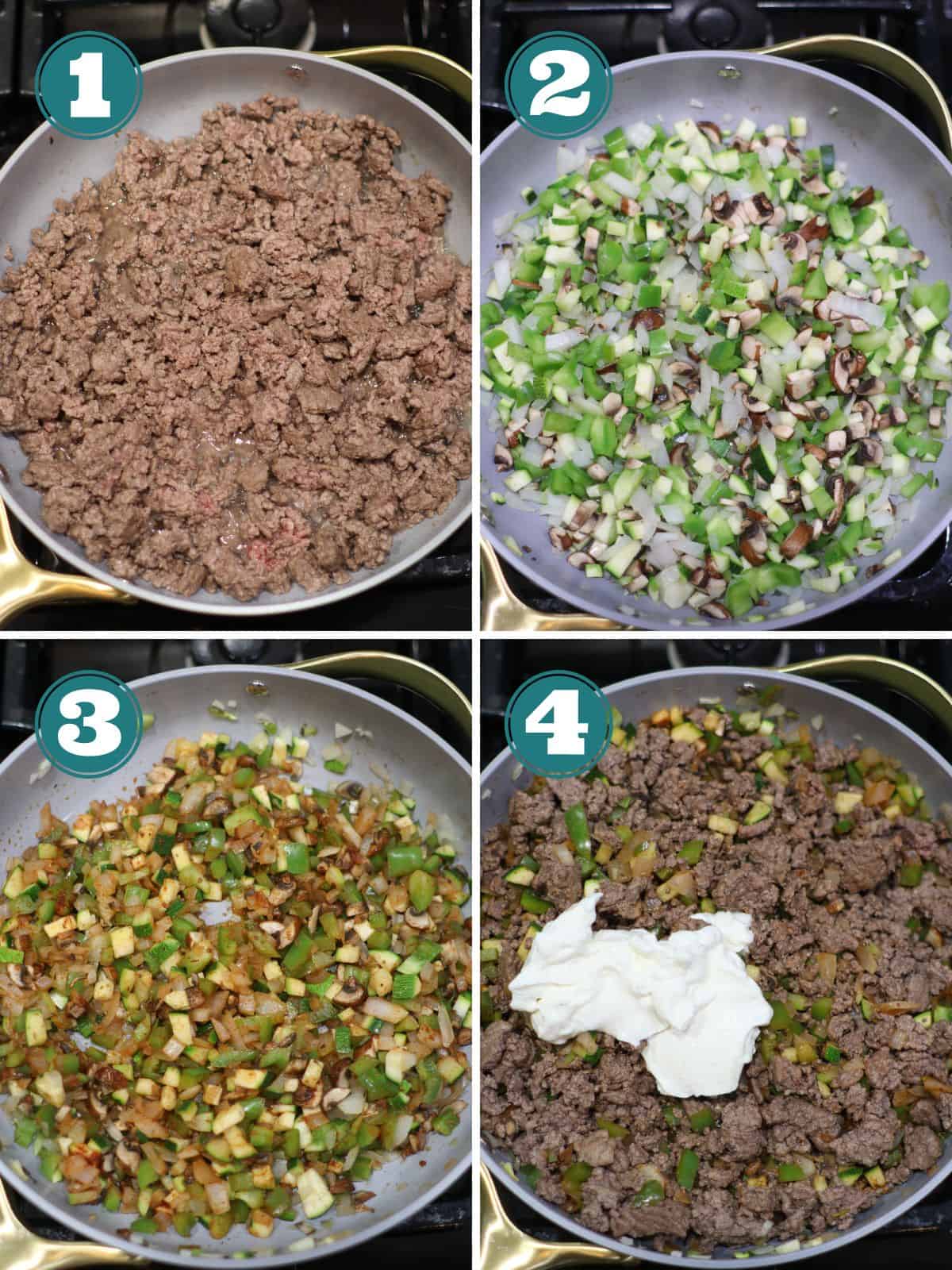A four image collage of how to make the dish.