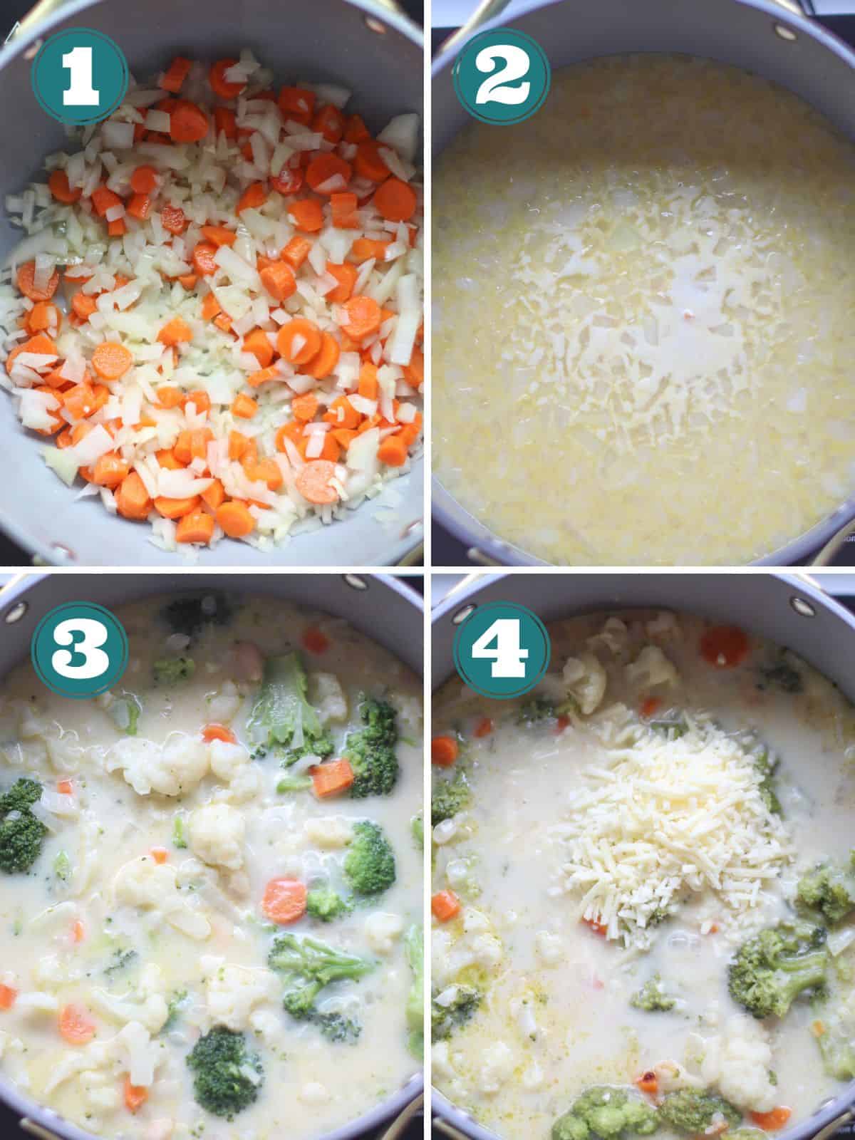 A four image collage showing how to make broccoli carrot soup.