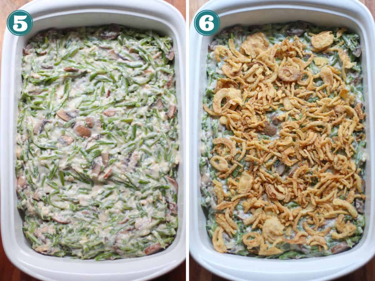 A two image collage of before and after baking the dish.