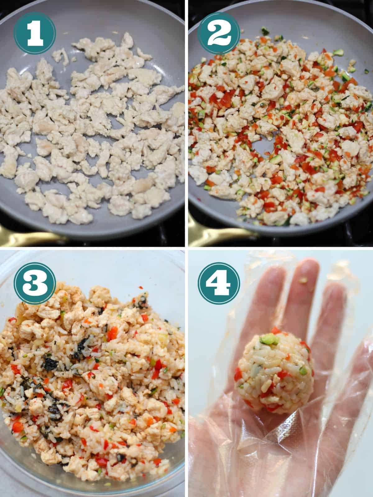 A four image collage of how to make rice balls.