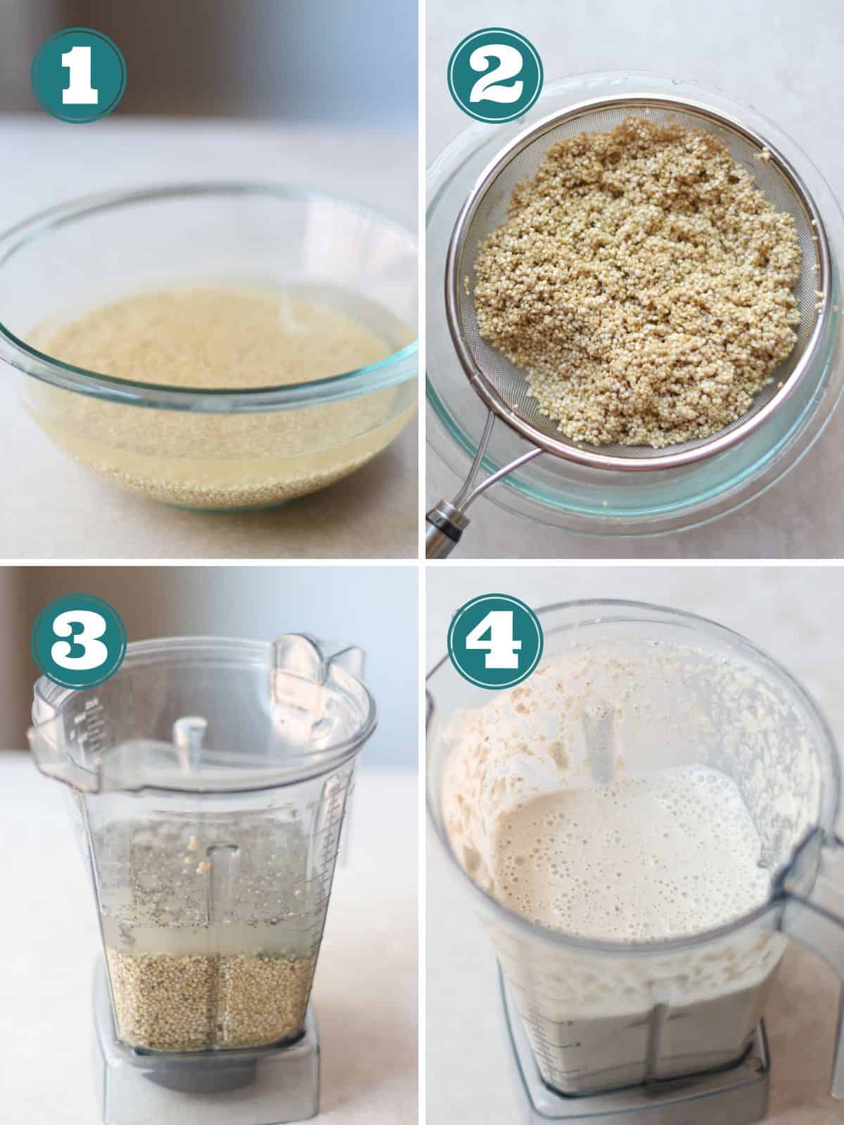 A four image collage of how to prepare quinoa.