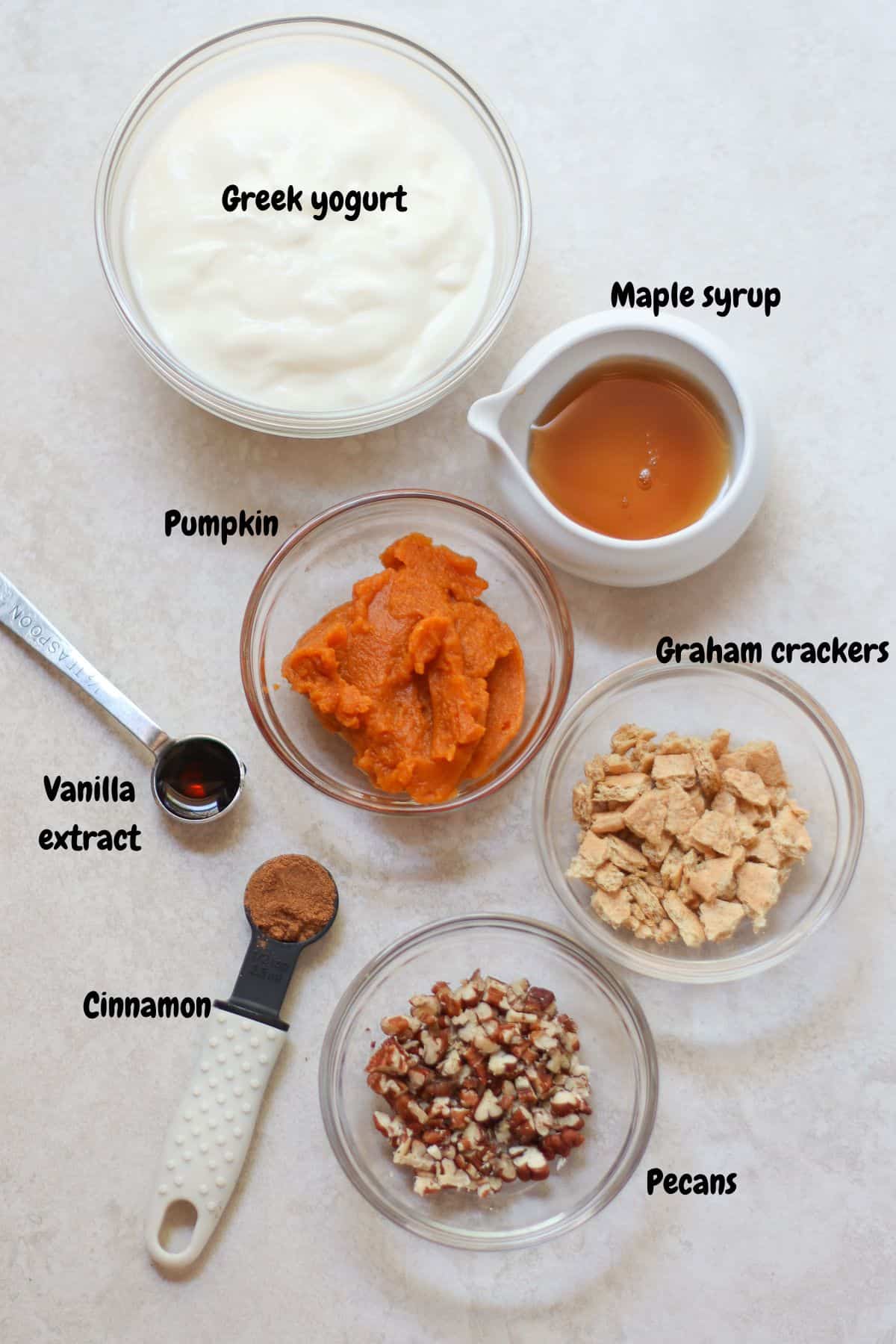 All the ingredients laid out on a white background and labeled.