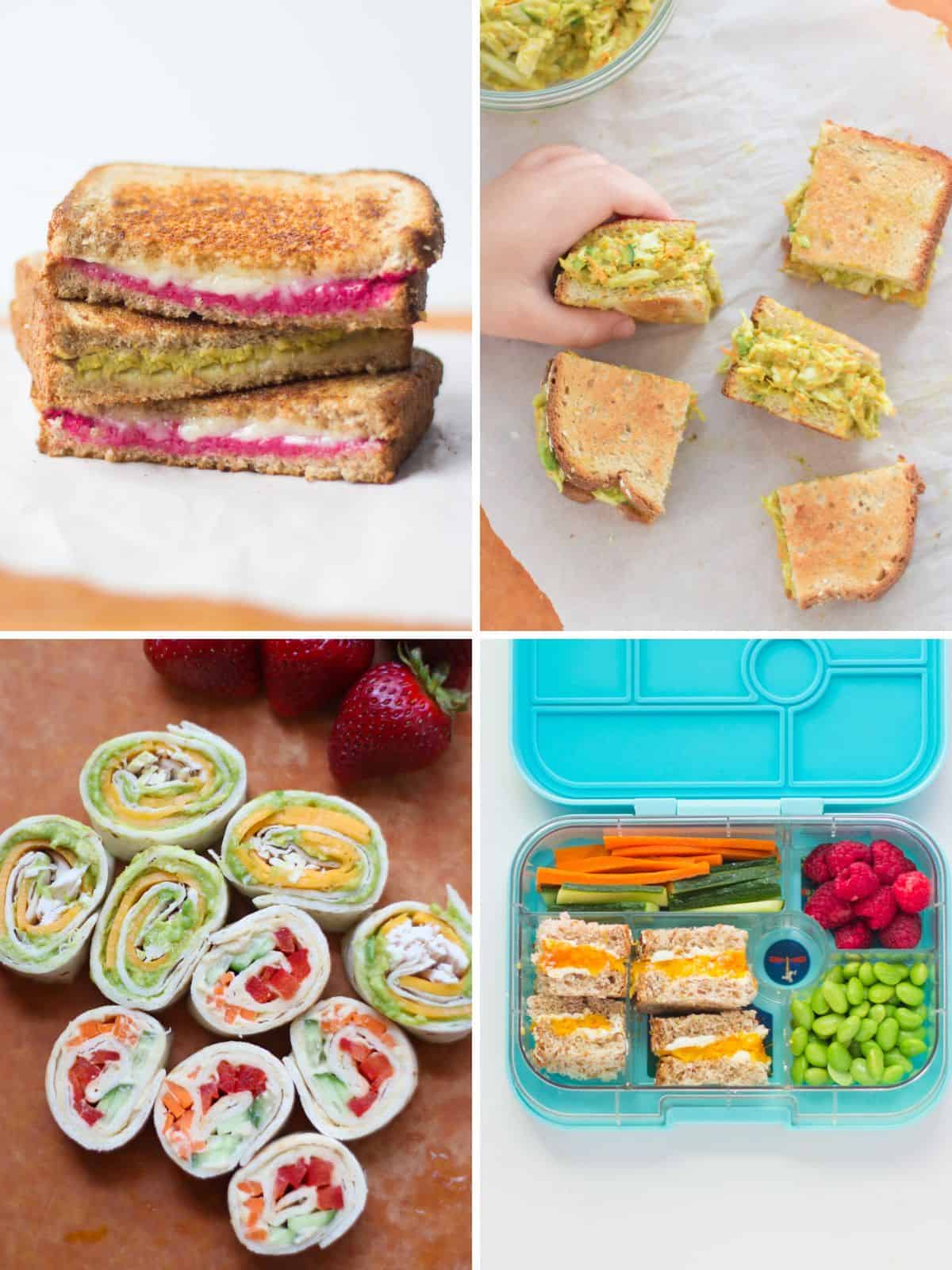 A four image collage of sandwich filling ideas.