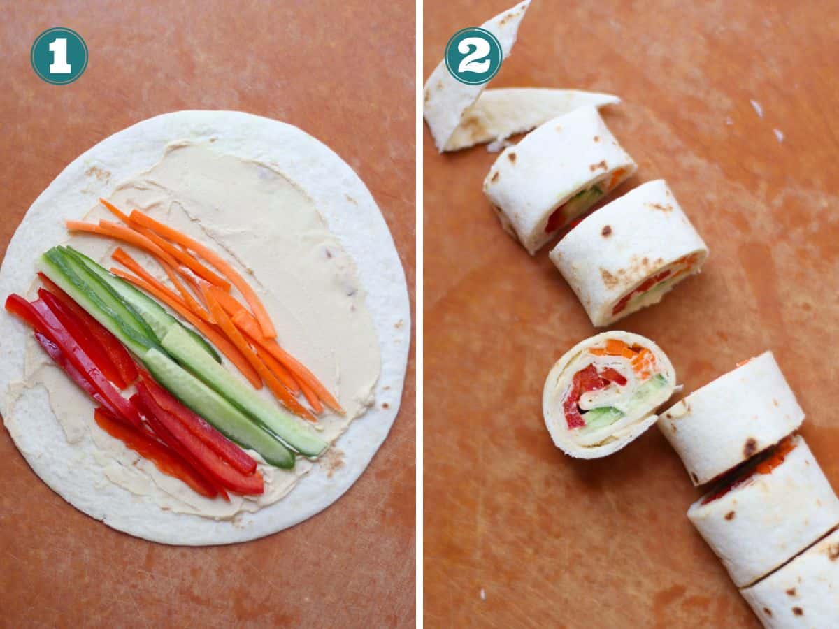 A two image collage of how to make veggie hummus pinwheel sandwiches.