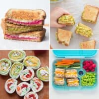 A four image collage of sandwich filling ideas.