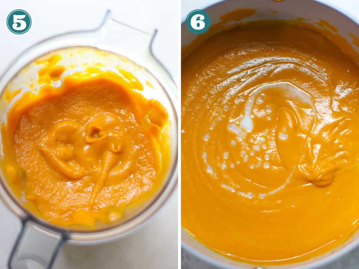 A two image collage of before and after blending the soup.