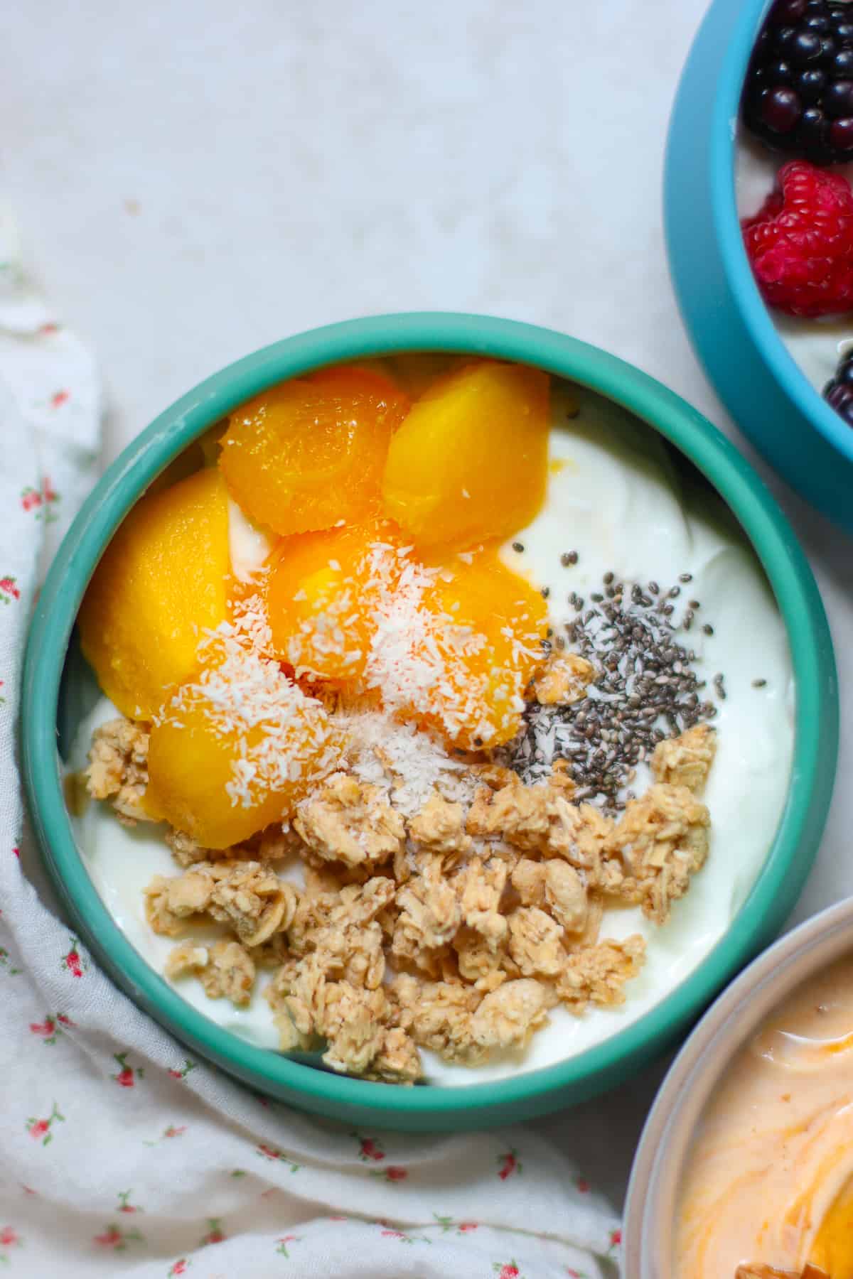 Yogurt with granola, mangoes, and chia seeds.