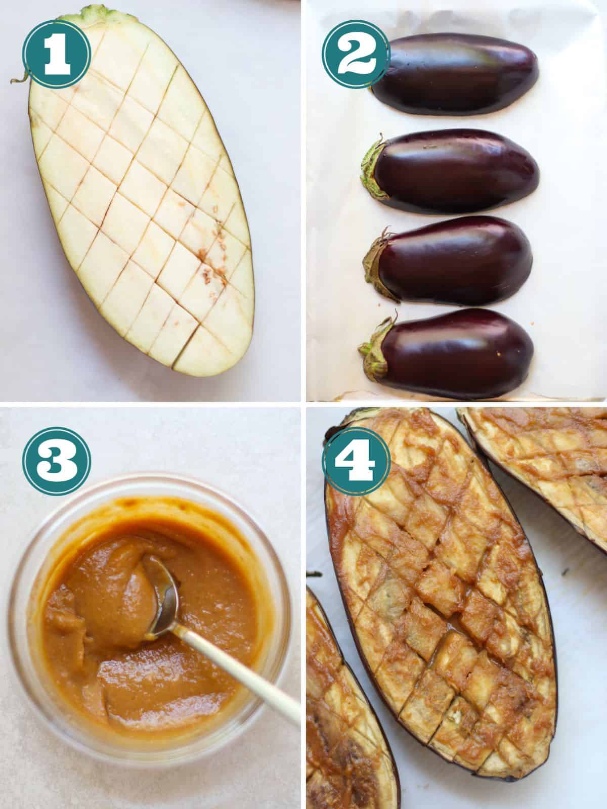 A four image collage of how to make miso aubergine.