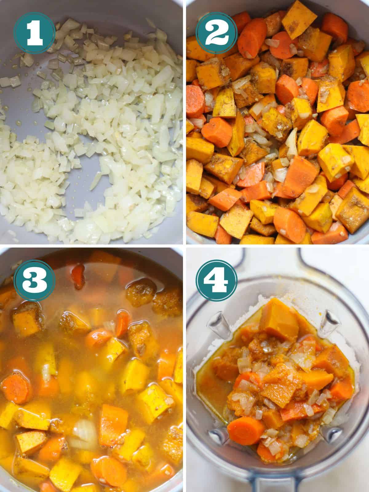 A four image collage of how to make the soup.