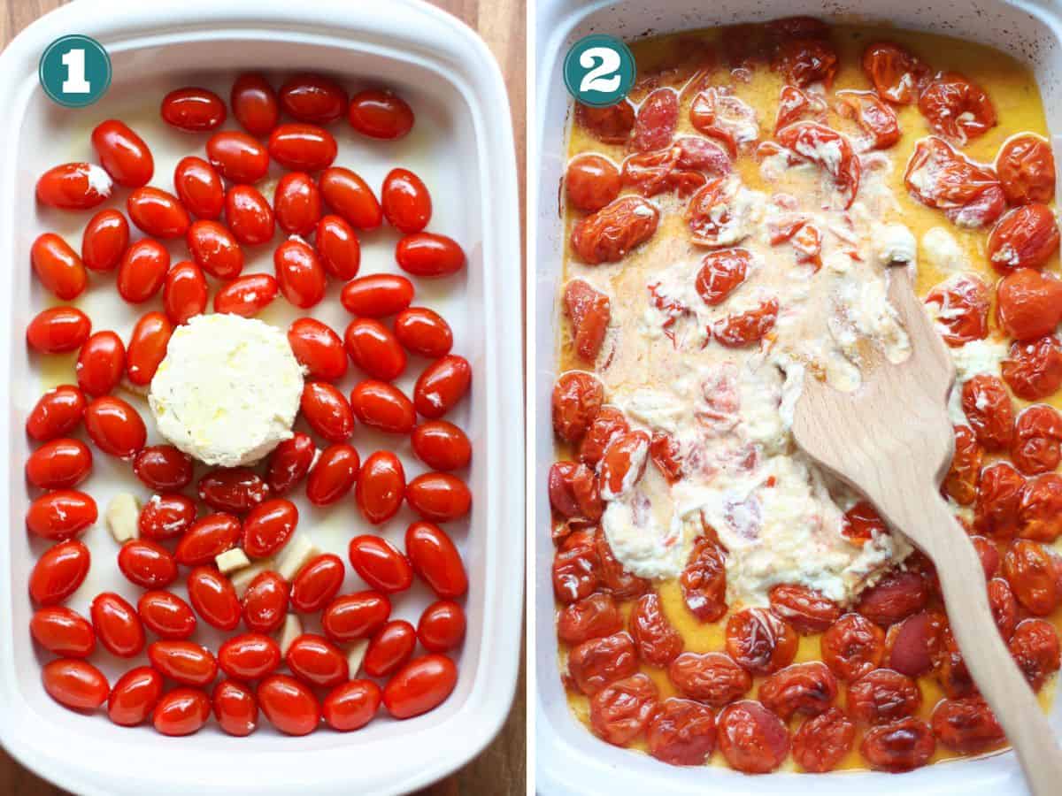 A two image collage of before and after baking boursin cheese and tomatoes.