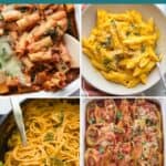 A four image collage of Thanksgiving pasta dishes.