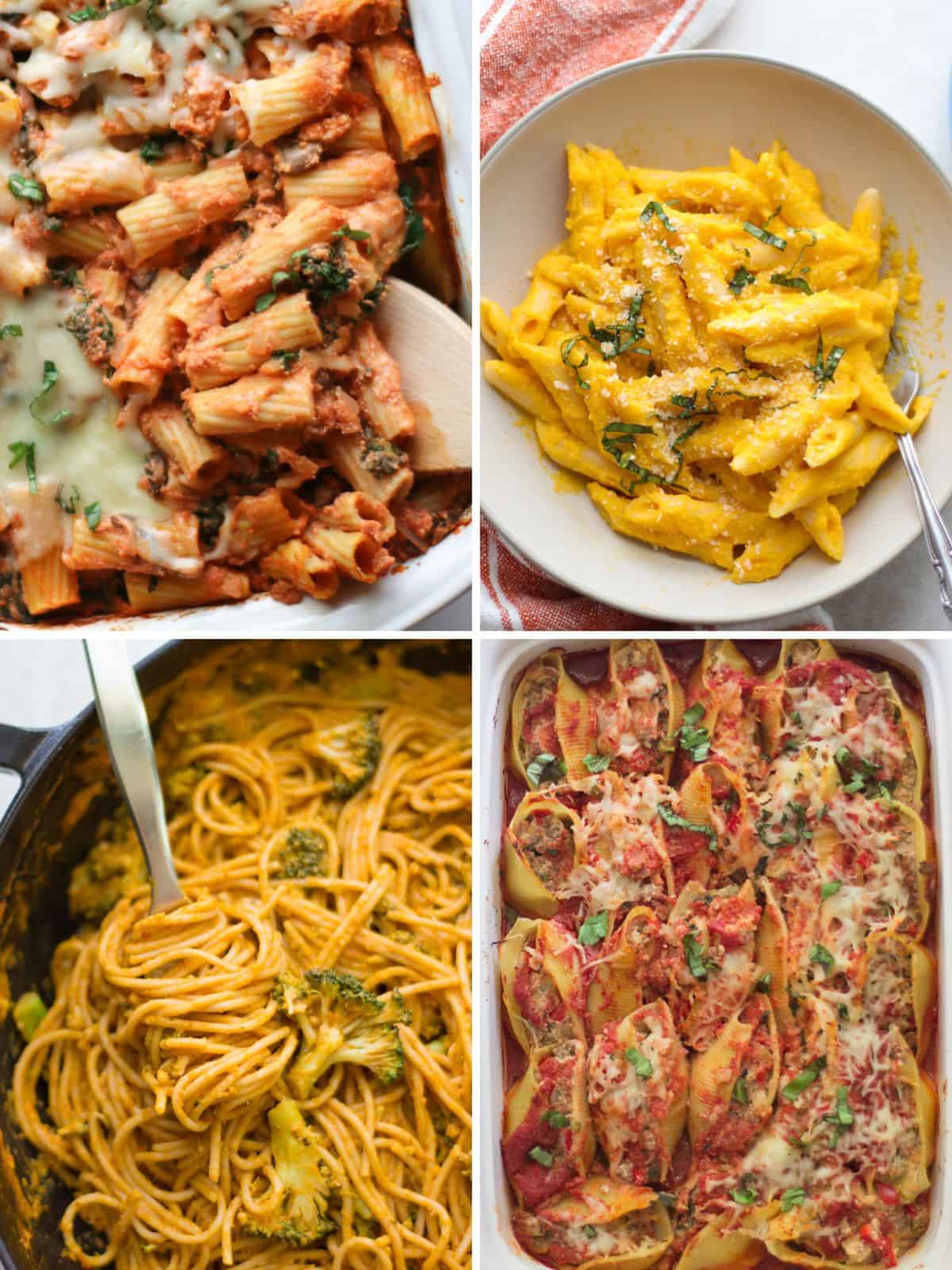 A four image collage of Thanksgiving pasta dishes.