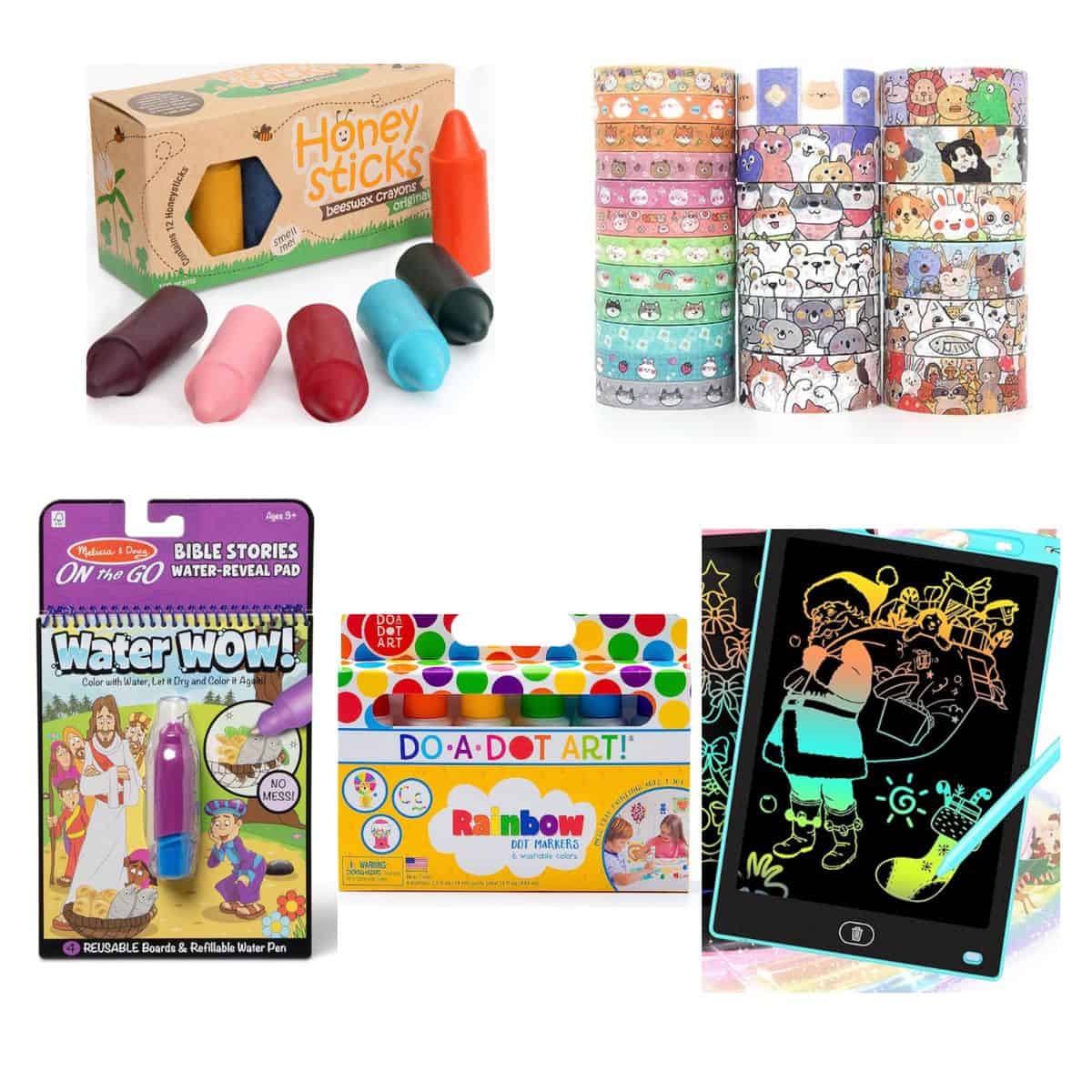 A collage of stocking stuffers for art loving kids.