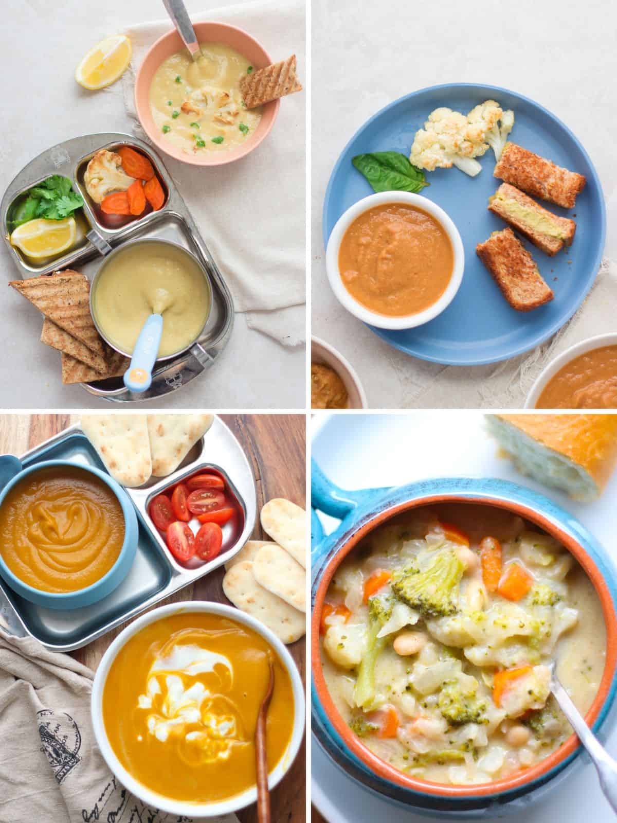 A four image collage of top baby and toddler friendly soups.