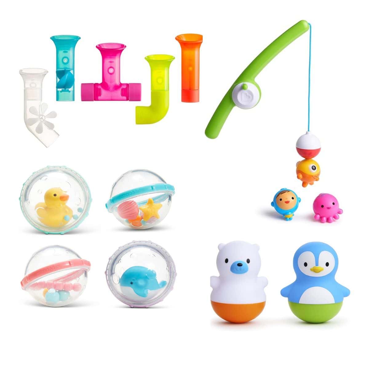 A collage of favorite bathtime stocking stuffers for babies and toddlers.