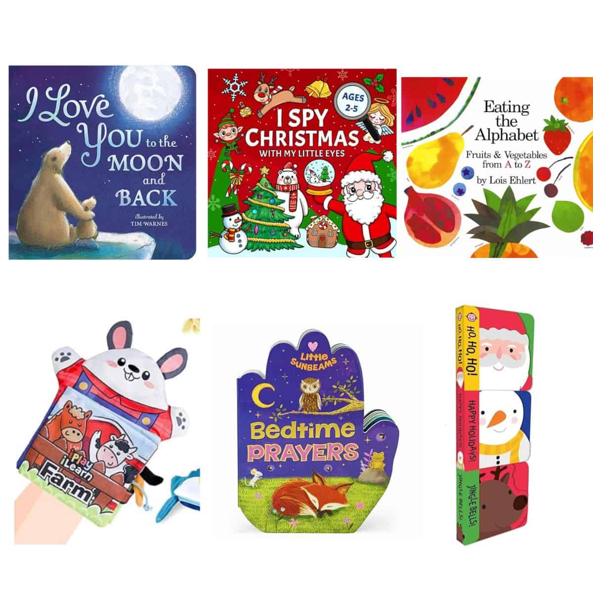 A collage of books for Christmas stockings.