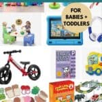 A collage of gift items for babies and toddlers.