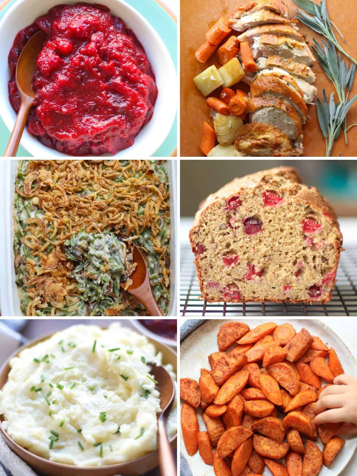 A six image collage of kid-friendly Thanksgiving recipes.