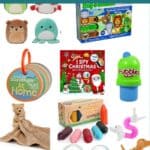 A collage of favorite baby and toddler stocking stuffers.