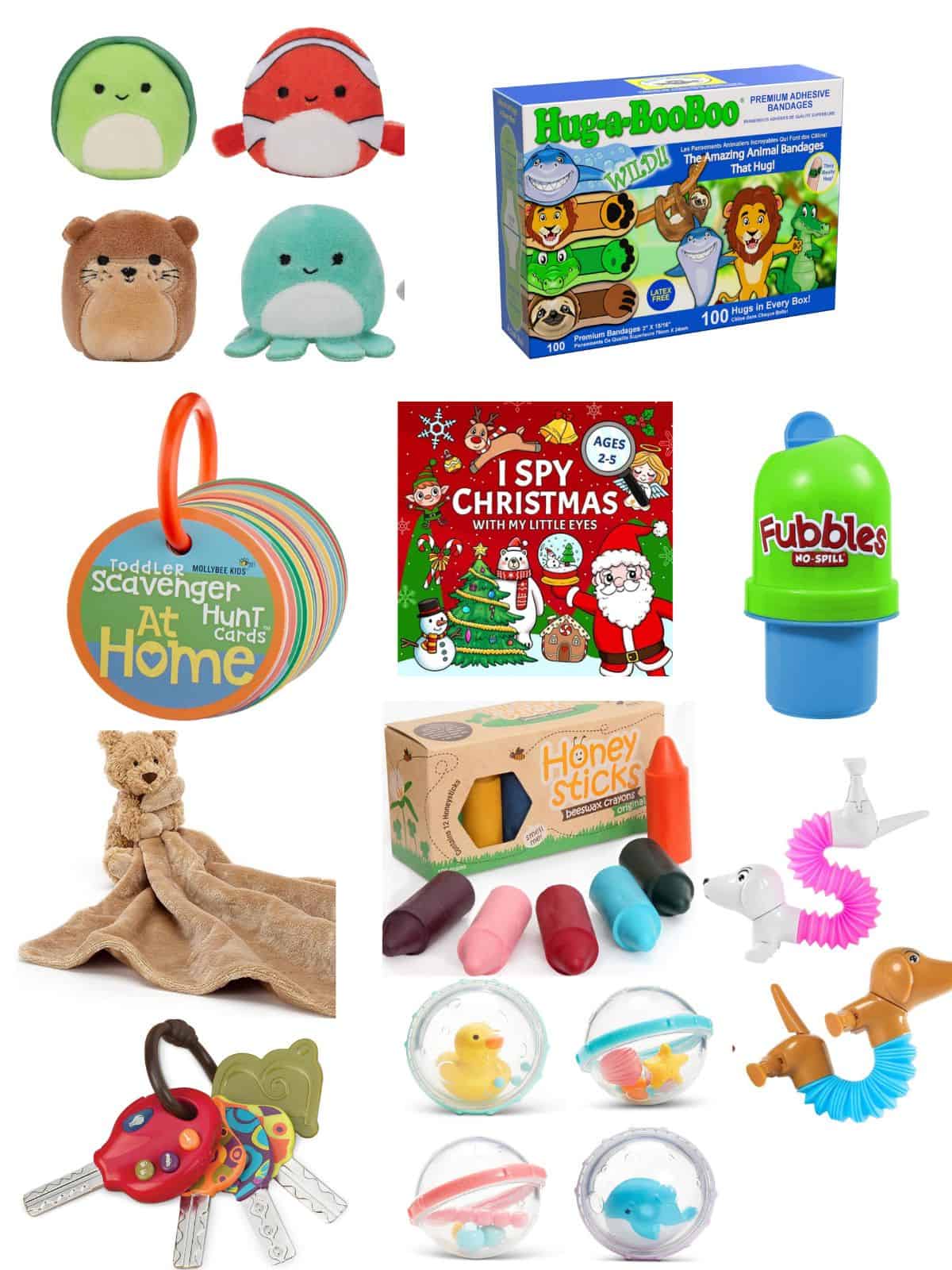 A collage of favorite baby and toddler stocking stuffers.