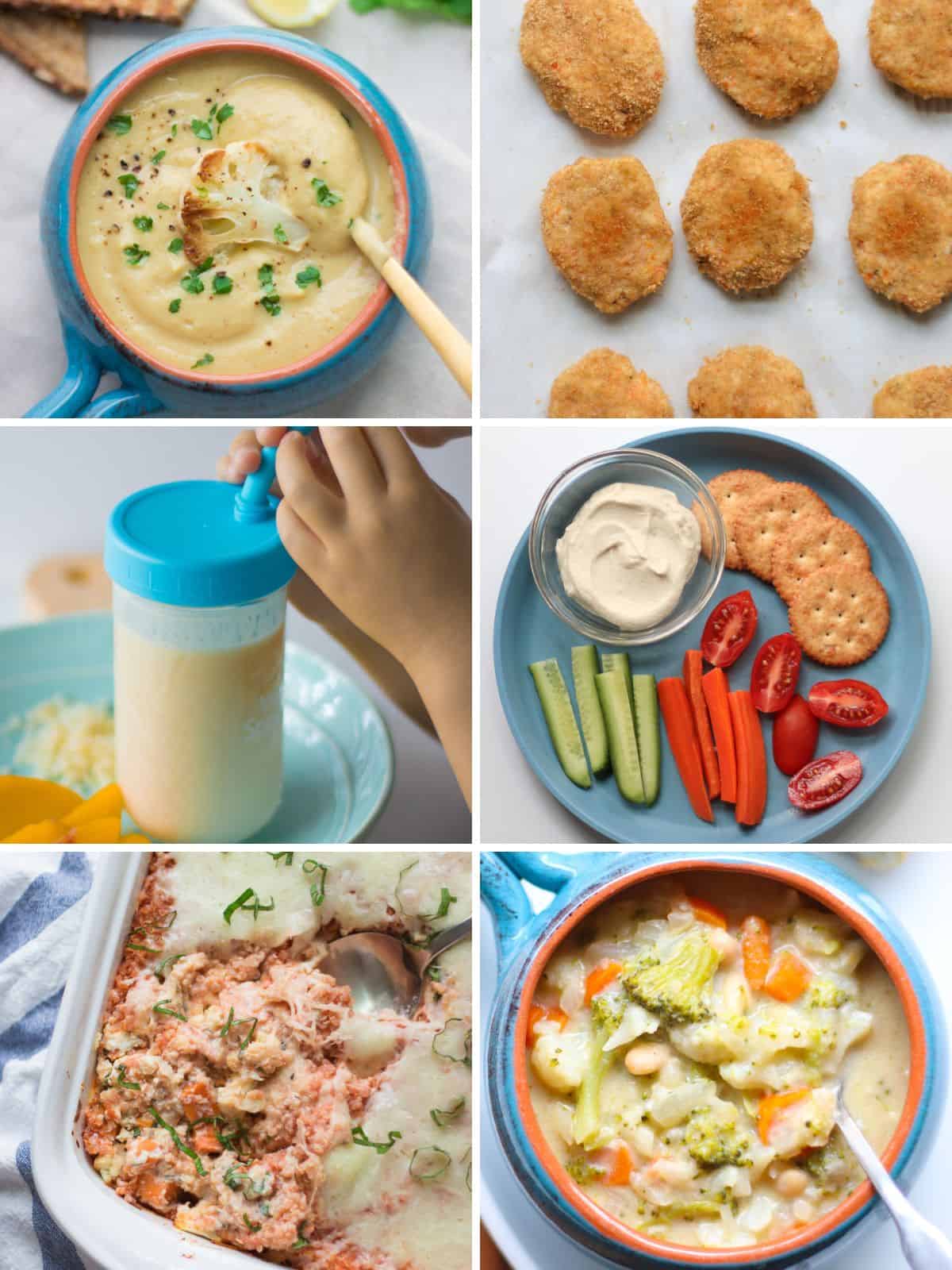 A six image collage of dishes with frozen cauliflower.