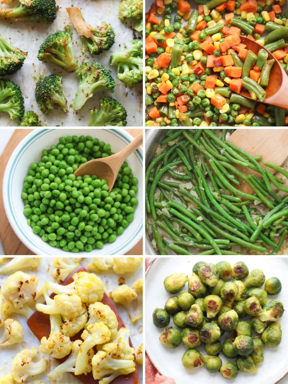 A six image collage of frozen vegetables.